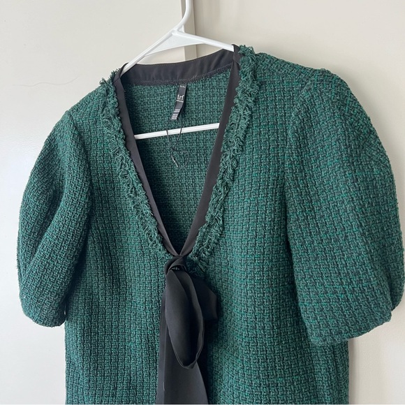 Zara Green Tweed Statement Top Shirt Black Floppy Bow Short Sleeve Woven XS - Picture 3 of 7